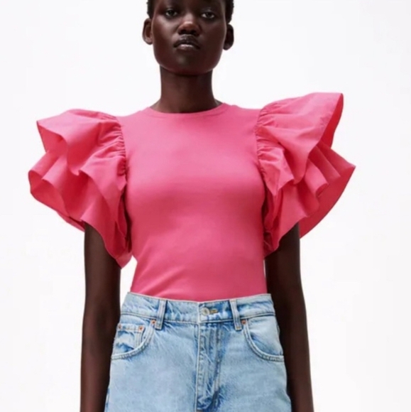 Zara Pink Ruffle Sleeve Ribbed Bodysuit Size Small - Picture 1 of 8
